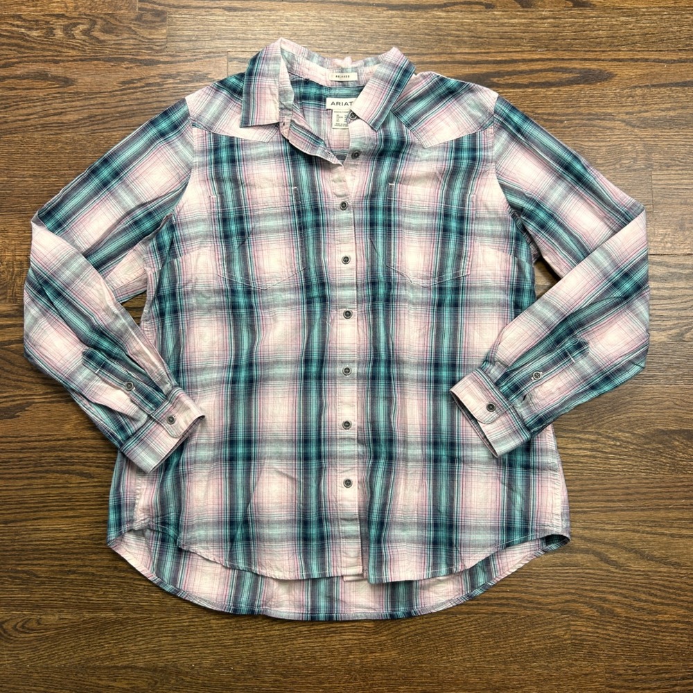 Ariat Womens XL Relaxed Plaid Western Shirt Southwestern Embroidery Pink Teal
